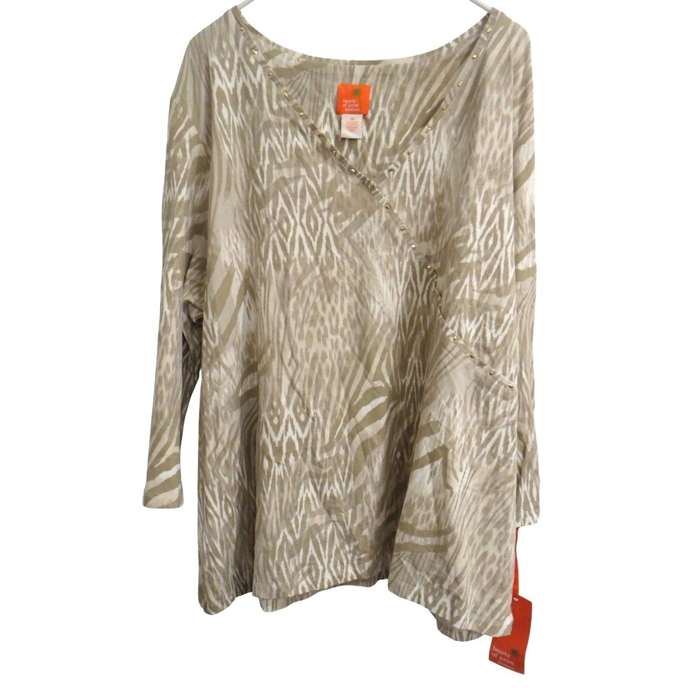 Hearts of Palm‎ Women 3X Tunic Top Long Sleeve Beige Zebra Print V Neck